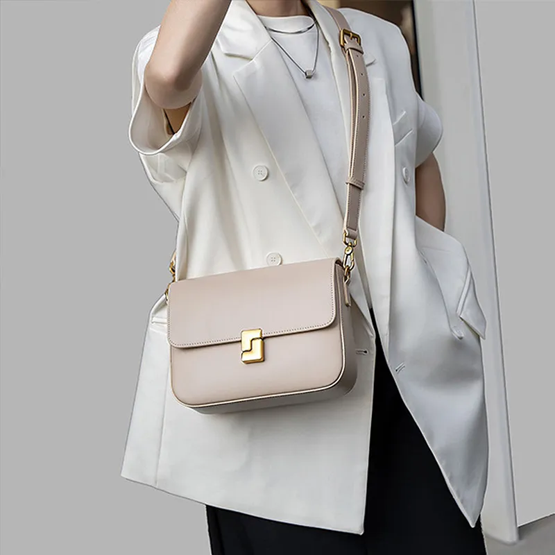 Yalu Cow Leather Shoulder Bag Crossbody Bag Women's Gold Brown/Milk Tea Beige/Black-5