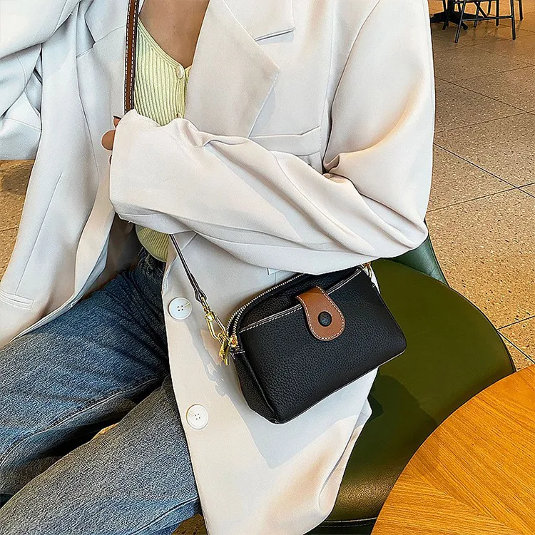 Yalu Top Grain Cow Leather Shoulder Bag, Crossbody Bag Women's Ecru/Black/Pearl Blue-4