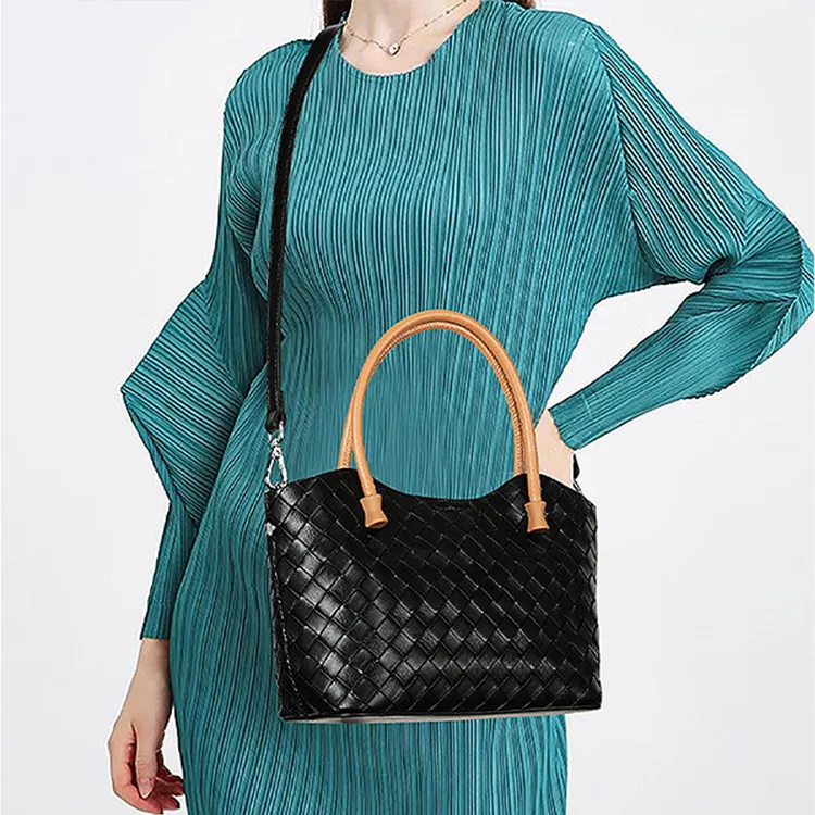 Yalu Cow Leather Handbag Shoulder Bag Crossbody Bag Woven Bag Women's Apricot/Black-3