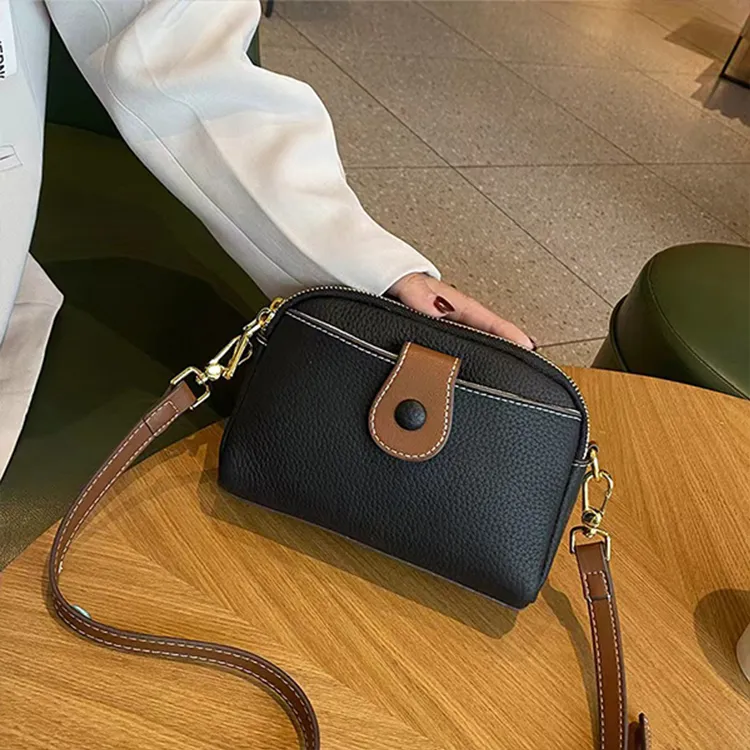 Yalu Top Grain Cow Leather Shoulder Bag, Crossbody Bag Women's Ecru/Black/Pearl Blue-5