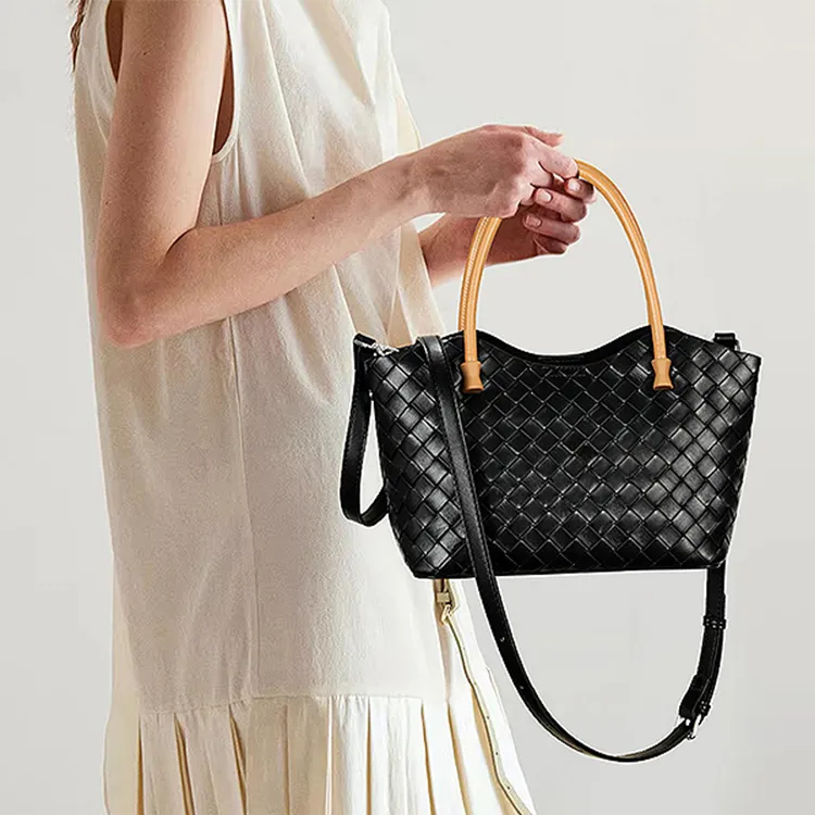 Yalu Cow Leather Handbag Shoulder Bag Crossbody Bag Woven Bag Women's Apricot/Black-5
