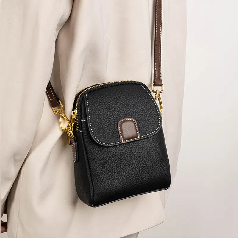 Yalu Top Grain Cow Leather Crossbody Bag, Shoulder Bag Women's Black/Milkshake White/Sea Blue-3