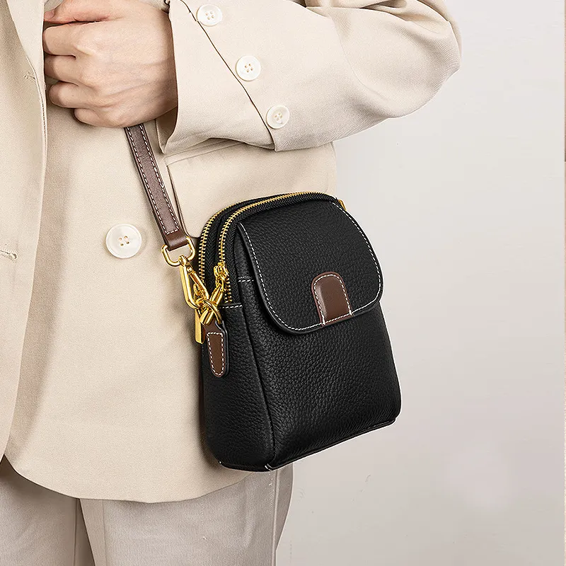 Yalu Top Grain Cow Leather Crossbody Bag, Shoulder Bag Women's Black/Milkshake White/Sea Blue-2