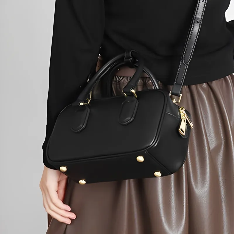 Yalu Cow Leather Shoulder Bag, Crossbody Bag, Handbag Women's Black/Coffee-5