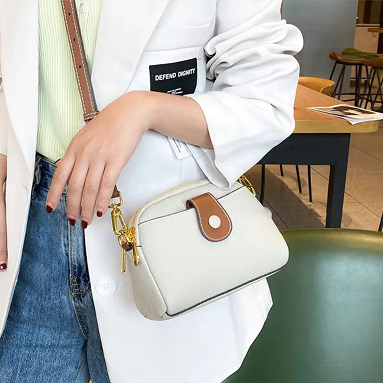 Yalu Top Grain Cow Leather Shoulder Bag, Crossbody Bag Women's Ecru/Black/Pearl Blue-2
