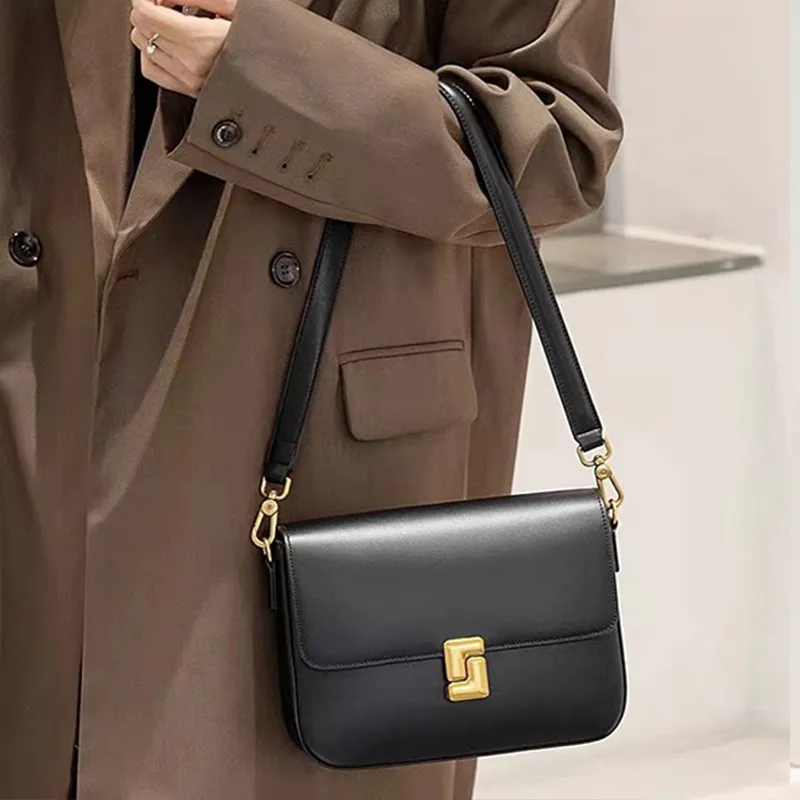 Yalu Cow Leather Shoulder Bag Crossbody Bag Women's Gold Brown/Milk Tea Beige/Black-8