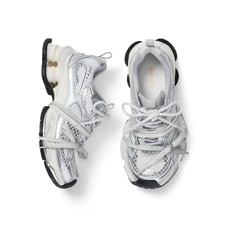 GG CC Urban Techwear Platform Casual Shoes Anti Slip Wear Resistant Low Top Distressed Chunky Sneakers Women's Silver-1