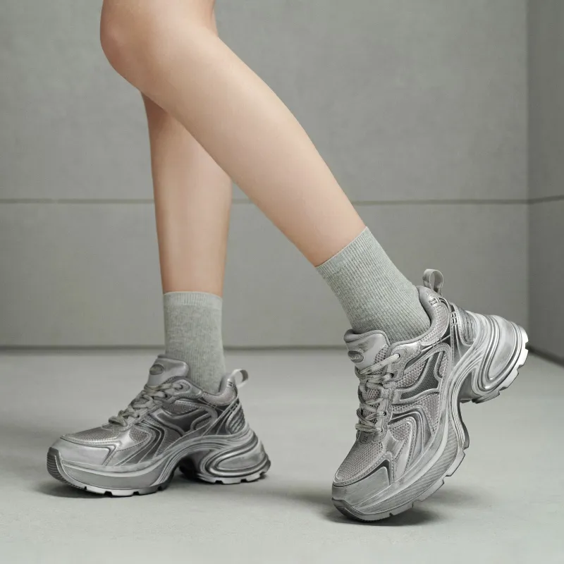 GG CC Chunky Sneakers Women's Low Top Silver/Black-5