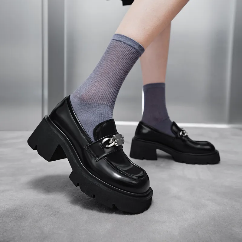GG CC Preppy Style Kids' Leather Shoes Platform Loafers 6.5cm Women's Black-6