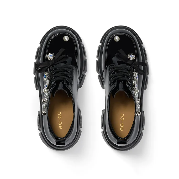 GG CC Rhinestone Small Leather Shoes Vintage Platform Loafers 7.5cm Women's Black-1