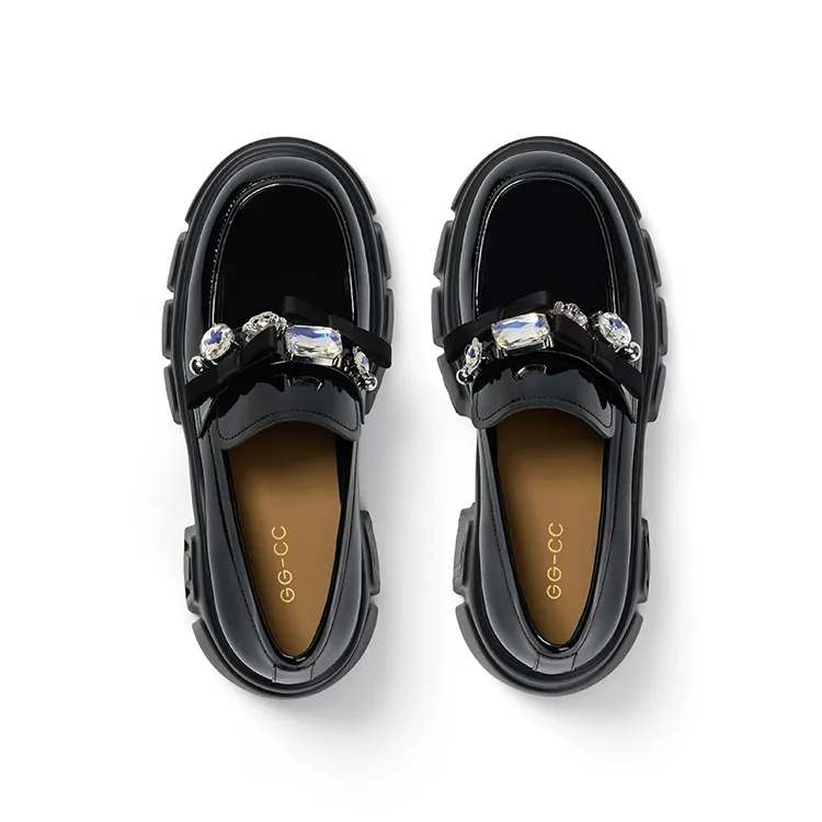 GG CC Fashion Small Leather Shoes Platform Loafers 7.5cm Women's Black-1