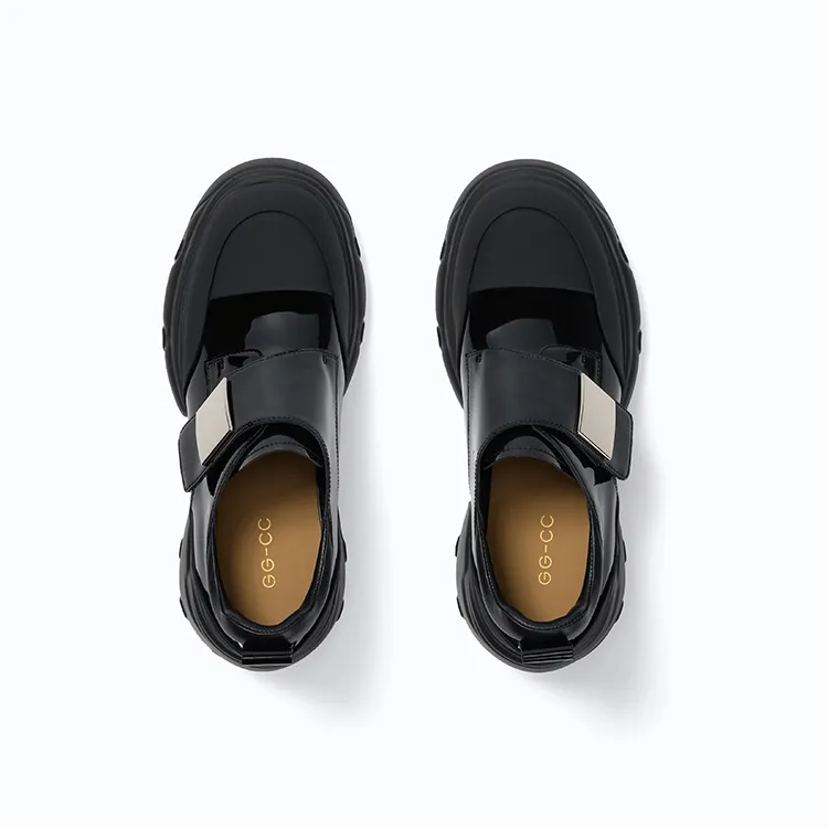 GG CC British Style Small Leather Shoes Chunky Heel Hook and Loop Fashion Loafers High Heels 7cm Women's Black-1