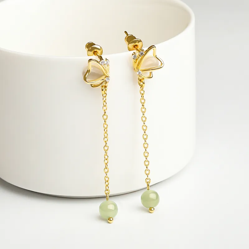 Oriental Jade Hetian Jade Earrings Pale Greenish White Jade Women's-3
