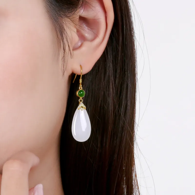 Oriental Jade Hetian Jade Earrings White Jade Women's-2