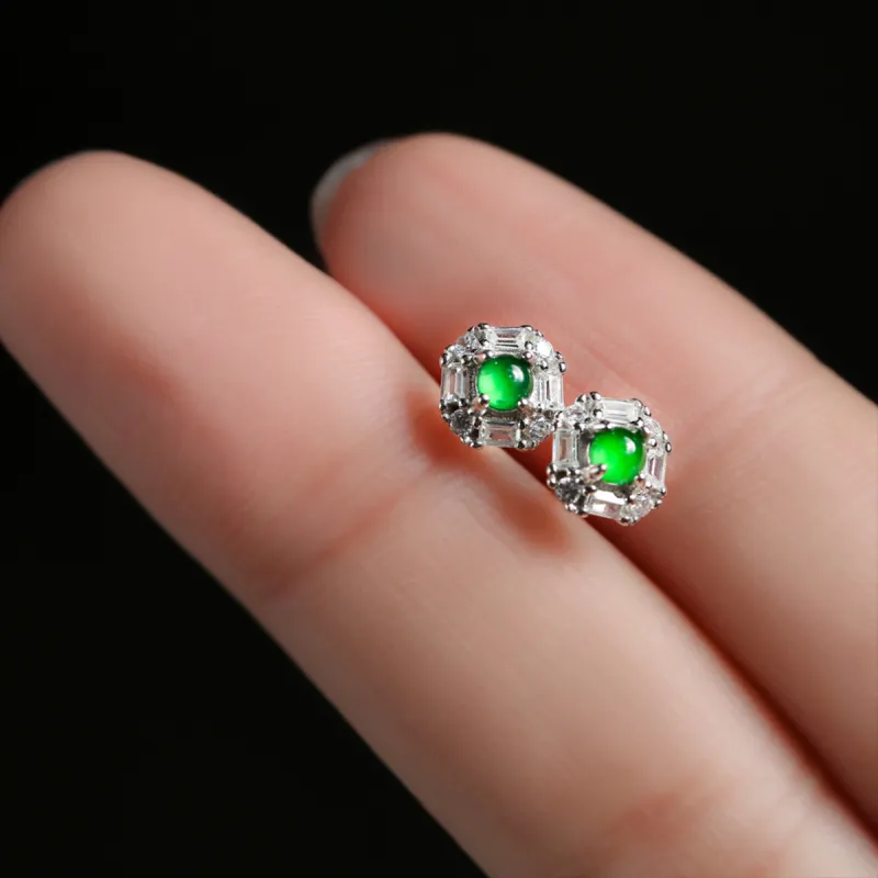 Oriental Jade Ice Type Stud Earrings Women's-5