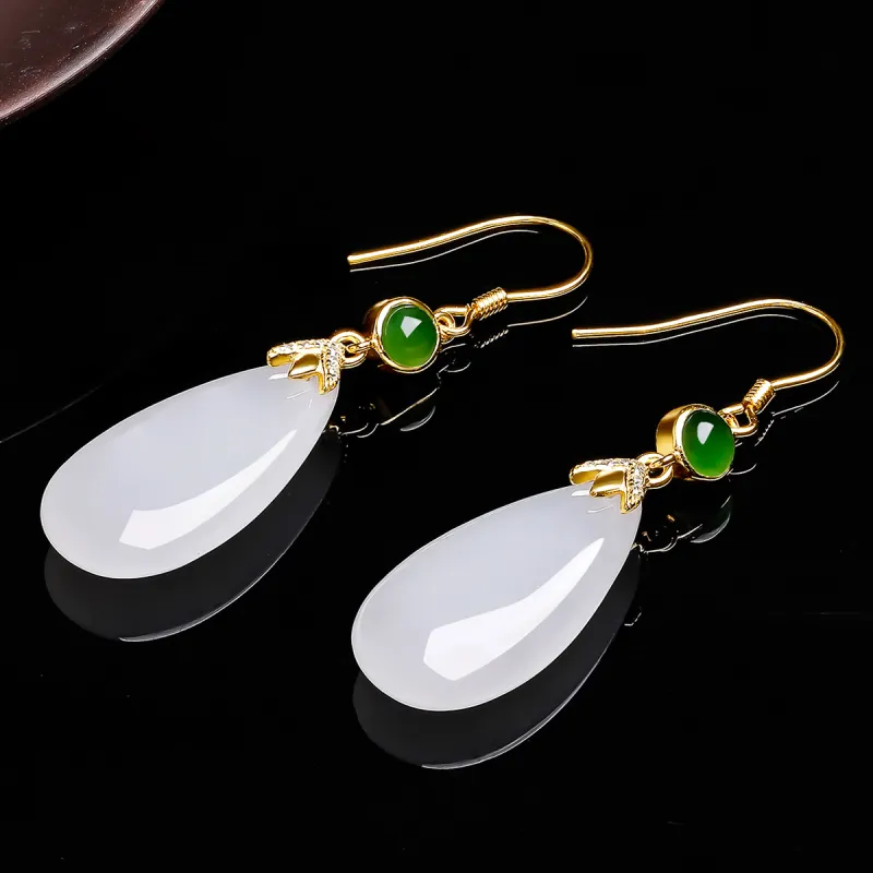 Oriental Jade Hetian Jade Earrings White Jade Women's-3
