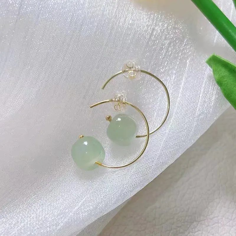 Oriental Jade Hetian Jade Earrings Pale Greenish White Jade Women's-3