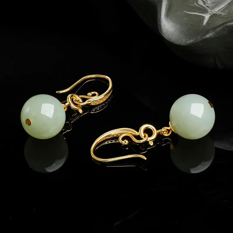 Oriental Jade Hetian Jade Earrings Pale Greenish White Jade Women's-5