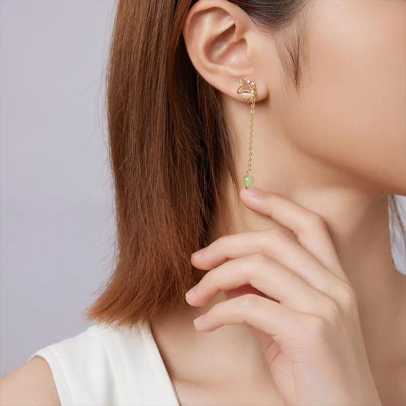 Oriental Jade Hetian Jade Earrings Pale Greenish White Jade Women's-1