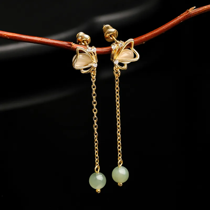Oriental Jade Hetian Jade Earrings Pale Greenish White Jade Women's-4