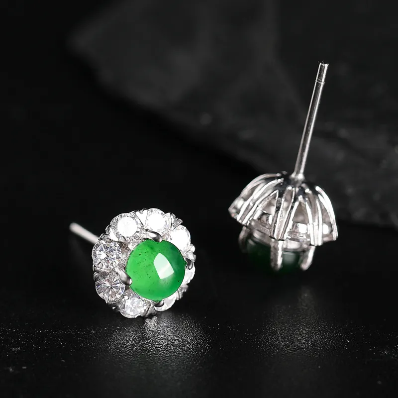 Oriental Jade Ice Type Jadeite Stud Earrings Women's-5