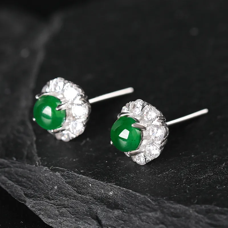 Oriental Jade Ice Type Jadeite Stud Earrings Women's-4