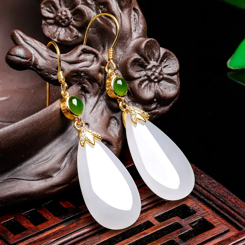 Oriental Jade Hetian Jade Earrings White Jade Women's-4
