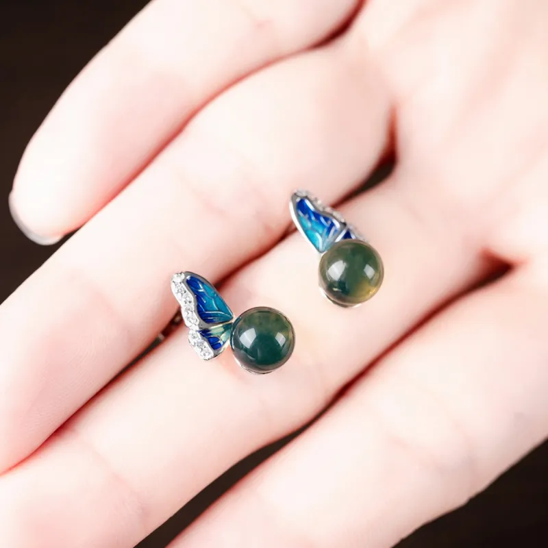 Oriental Jade Amber Stud Earrings Women's-2