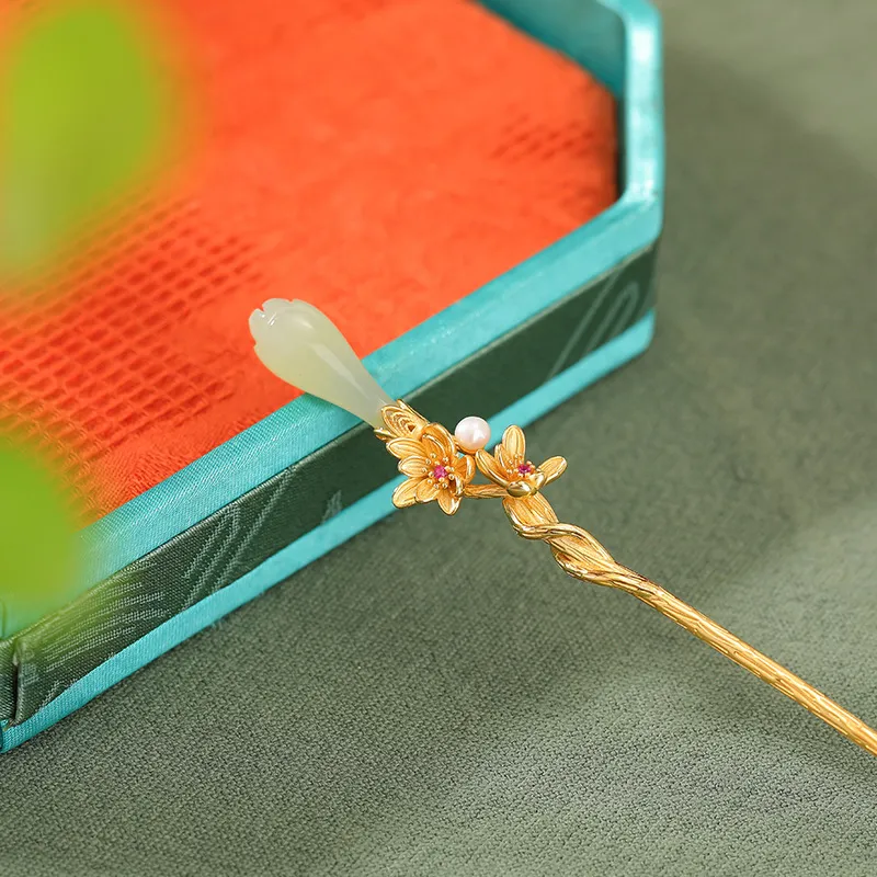 BYTHERE Hetian Jade Hairpin Pale Greenish White Jade Women's-3