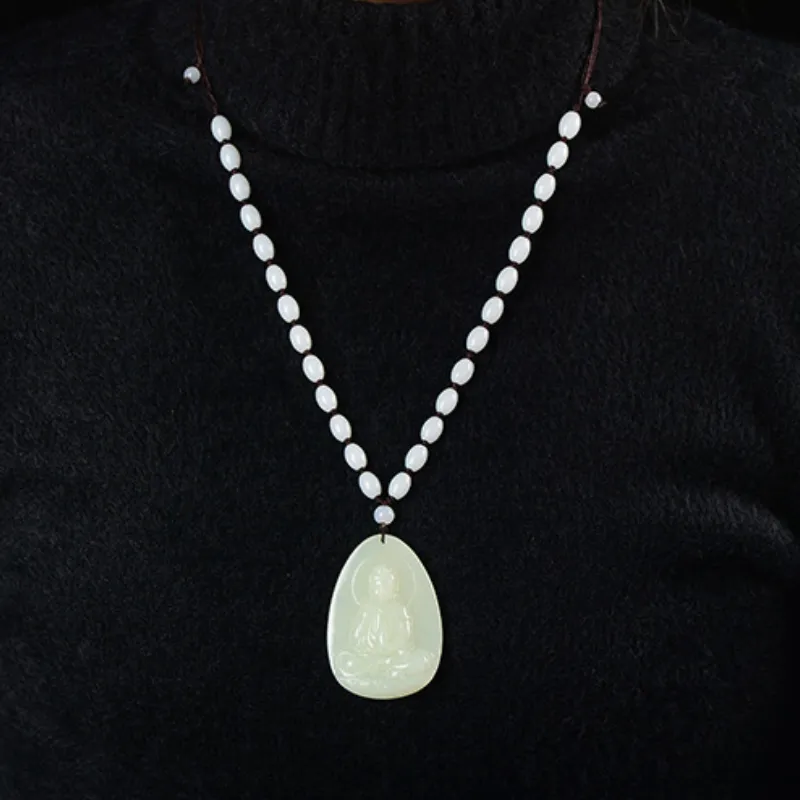 BYTHERE Hetian Jade Guanyin Pendant Pale Greenish White Jade Women's-3