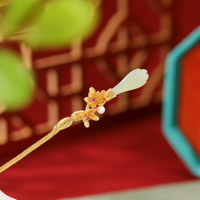BYTHERE Hetian Jade Hairpin Pale Greenish White Jade Women's-2