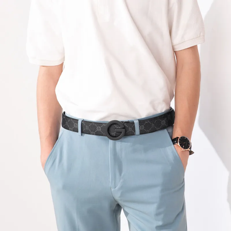 GOLF PVC With Cow Leather Belts Men's Mist Black Gold Width 3.5cm-4
