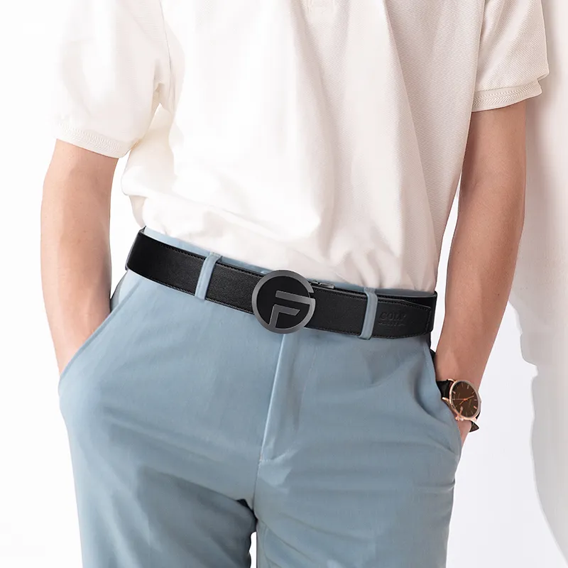 GOLF Top Grain Cow Leather Automatic Buckle Belt Men's Black Gunmetal/Gold 3.5cm-6