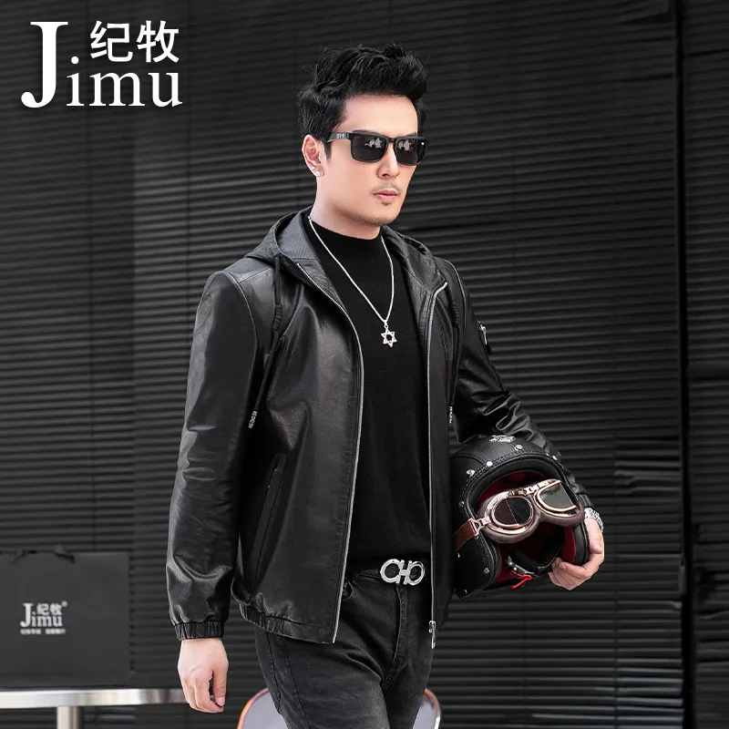 JIMU Haining Genuine Leather Jacket Men's Hooded Goatskin Jacket Slim Fit Cropped Motorcycle Jacket Trendy Coat Men's-6