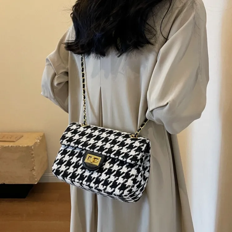 ERANGBEAR Fabric Shoulder Bag Women's Black Diamond Pattern/Coffee Diamond Pattern/Black Houndstooth/Coffee Houndstooth-1