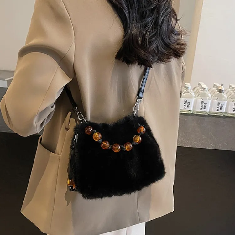 ERANGBEAR Plush Shoulder Bag Women's Khaki/Black/Coffee/Ecru/Leopard Print Ecru/Leopard Print Coffee-8