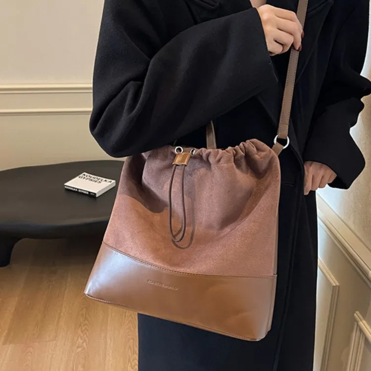 ERANGBEAR Suede One Shoulder Handbag Women's Black/Coffee/Brown-3