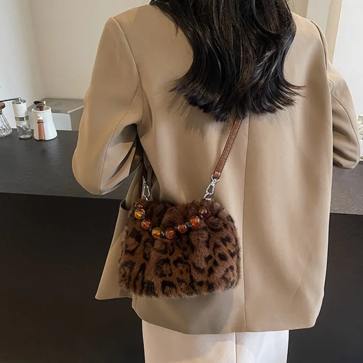 ERANGBEAR Plush Shoulder Bag Women's Khaki/Black/Coffee/Ecru/Leopard Print Ecru/Leopard Print Coffee-18
