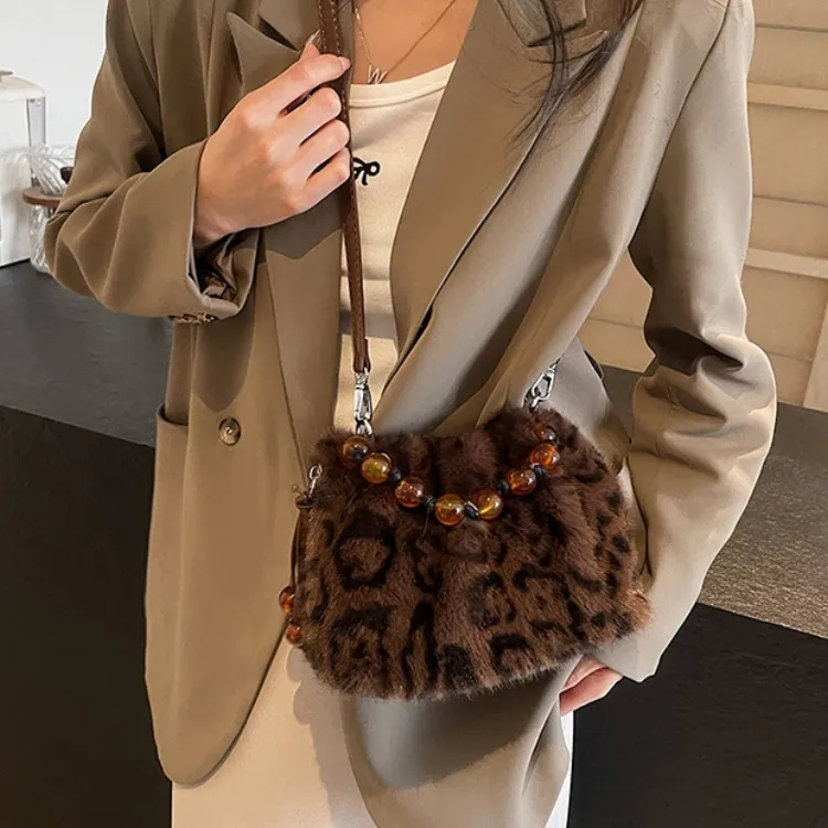 ERANGBEAR Plush Shoulder Bag Women's Khaki/Black/Coffee/Ecru/Leopard Print Ecru/Leopard Print Coffee-19