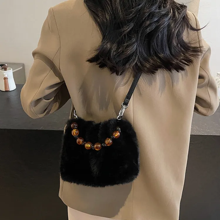 ERANGBEAR Plush Shoulder Bag Women's Khaki/Black/Coffee/Ecru/Leopard Print Ecru/Leopard Print Coffee-7