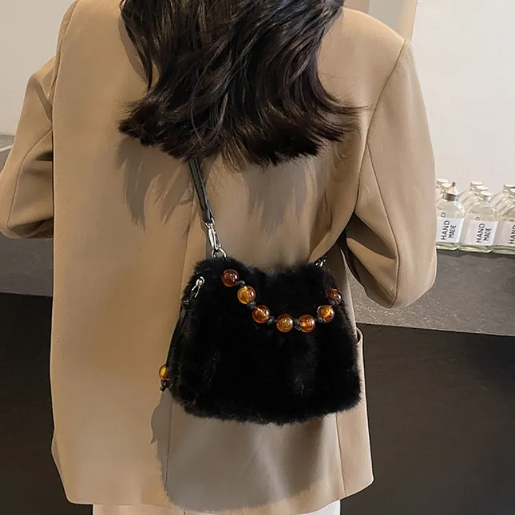 ERANGBEAR Plush Shoulder Bag Women's Khaki/Black/Coffee/Ecru/Leopard Print Ecru/Leopard Print Coffee-9