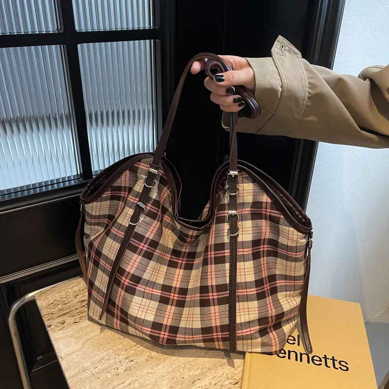ERANGBEAR Fabric Portable Crossbody Bag, Shoulder Bag Women's Brown Plaid/Blue Plaid/Pink Plaid-8