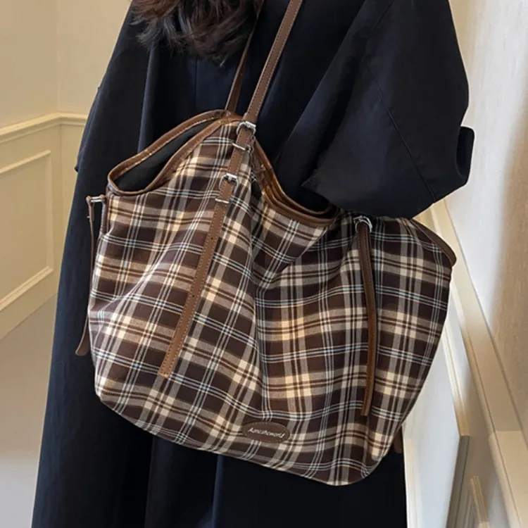 ERANGBEAR Fabric Portable Crossbody Bag, Shoulder Bag Women's Brown Plaid/Blue Plaid/Pink Plaid-4