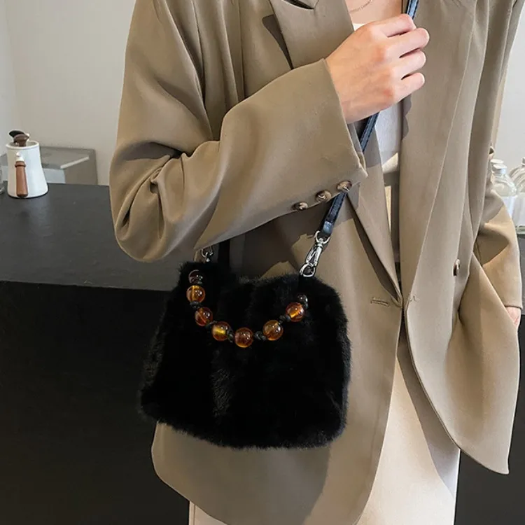 ERANGBEAR Plush Shoulder Bag Women's Khaki/Black/Coffee/Ecru/Leopard Print Ecru/Leopard Print Coffee-10