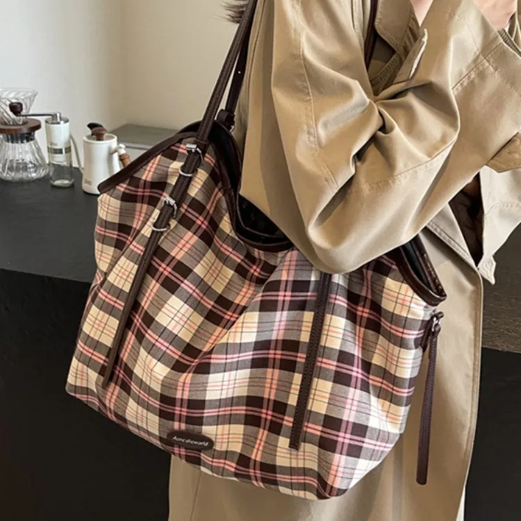 ERANGBEAR Fabric Portable Crossbody Bag, Shoulder Bag Women's Brown Plaid/Blue Plaid/Pink Plaid-7