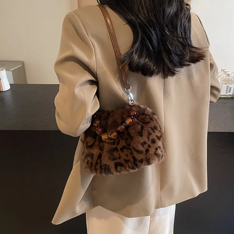 ERANGBEAR Plush Shoulder Bag Women's Khaki/Black/Coffee/Ecru/Leopard Print Ecru/Leopard Print Coffee-17
