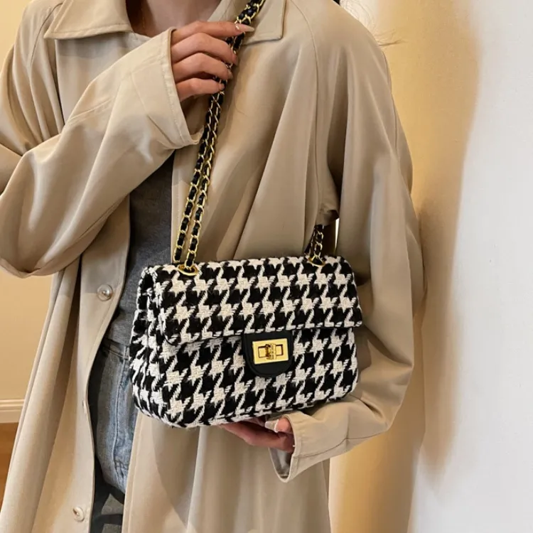 ERANGBEAR Fabric Shoulder Bag Women's Black Diamond Pattern/Coffee Diamond Pattern/Black Houndstooth/Coffee Houndstooth-4