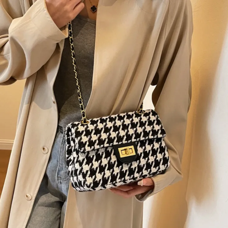 ERANGBEAR Fabric Shoulder Bag Women's Black Diamond Pattern/Coffee Diamond Pattern/Black Houndstooth/Coffee Houndstooth-2