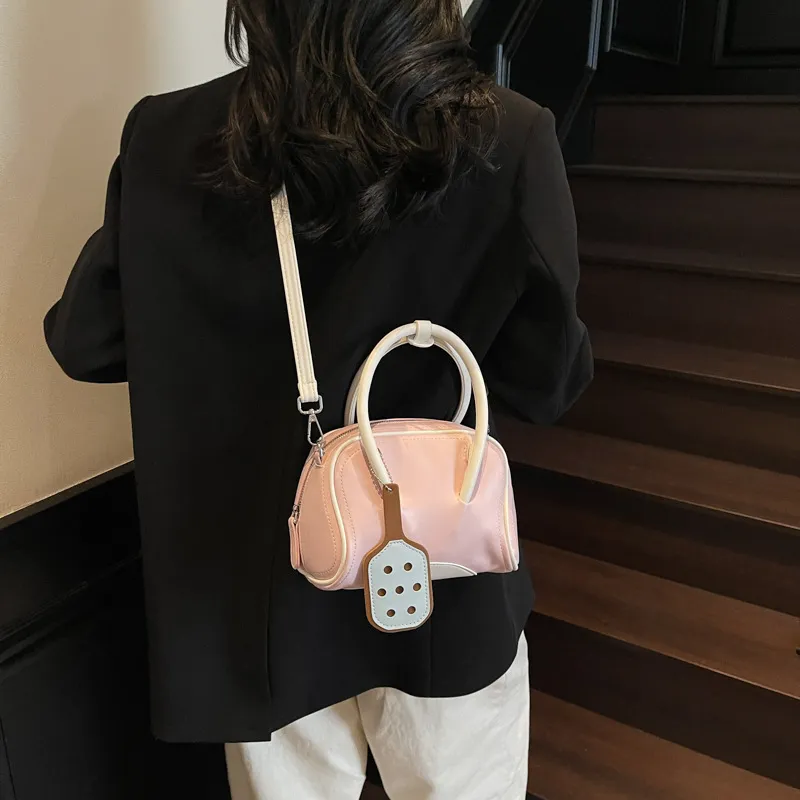ERANGBEAR PU Bowling Bag, Crossbody, One Shoulder, Handbag Women's Pink/Ecru/Khaki-1