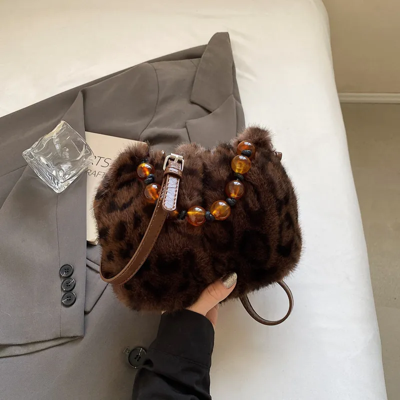 ERANGBEAR Plush Shoulder Bag Women's Khaki/Black/Coffee/Ecru/Leopard Print Ecru/Leopard Print Coffee-20